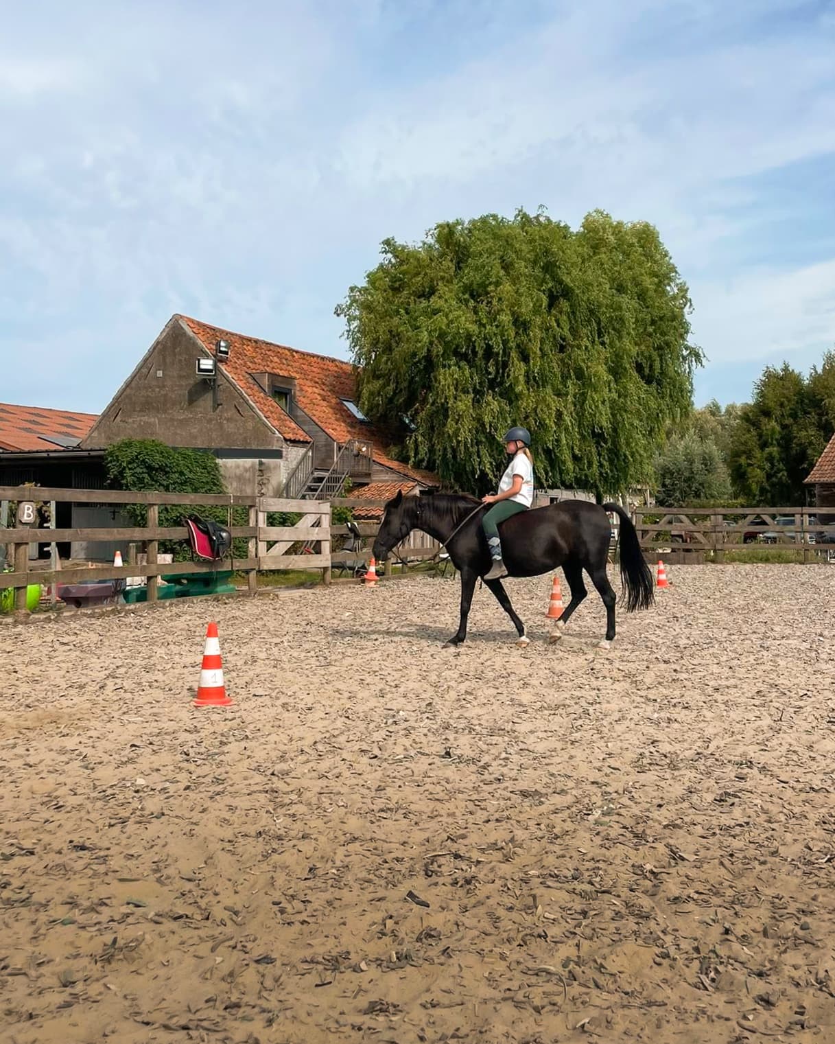 kind rijdt in piste met zwarte pony